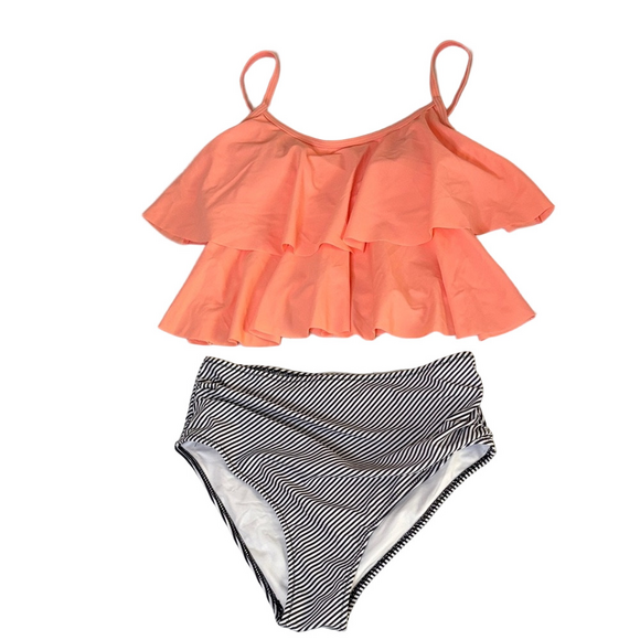 Beachsissi Two Piece High Waisted Ruffle Swimsuit Peach Black White Stripes Sz S - Picture 1 of 7